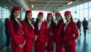 A group of cabin crew members standing with a warm smile and looking at the camera.