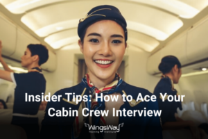 Flight attendant smiling and looking directly at the camera while two other attendants at the back, working. Cabin Crew training, Cabin Crew Interview, IATA-certified courses