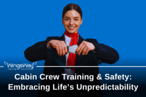 A cabin crew member holding the aircraft seat belt in front of her and smiling. Cabin Crew , cabin crew training