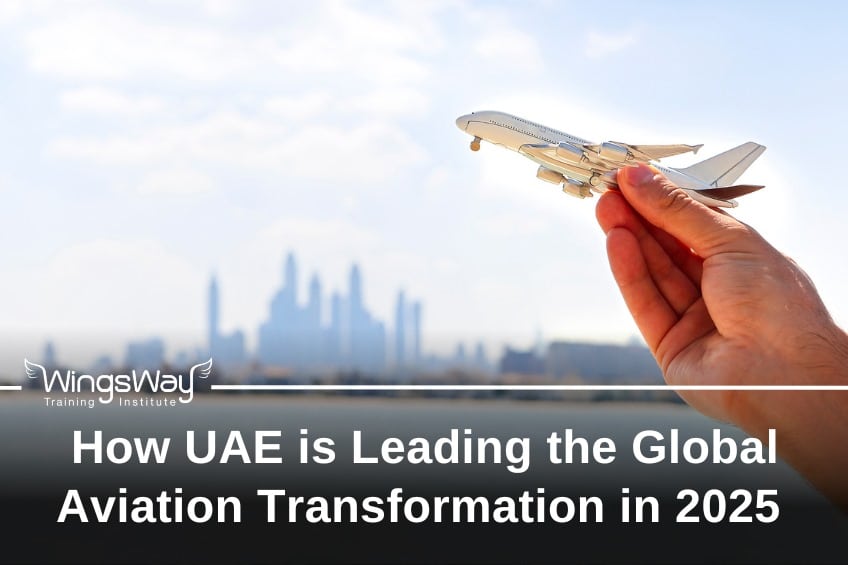 A hand holding a toy airplane flying it upwards to the sky with Dubai's skyline as the backdrop.