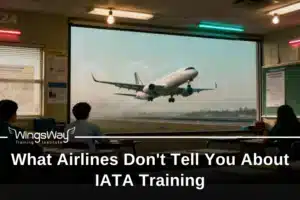 Students in a classroom attending an IATA training with a projector showing an airplane flying